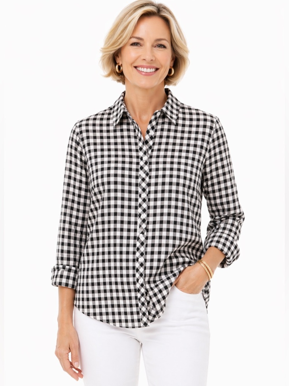 Talbots Petite Gingham Button Down Shirt MP Black White Preppy Classic